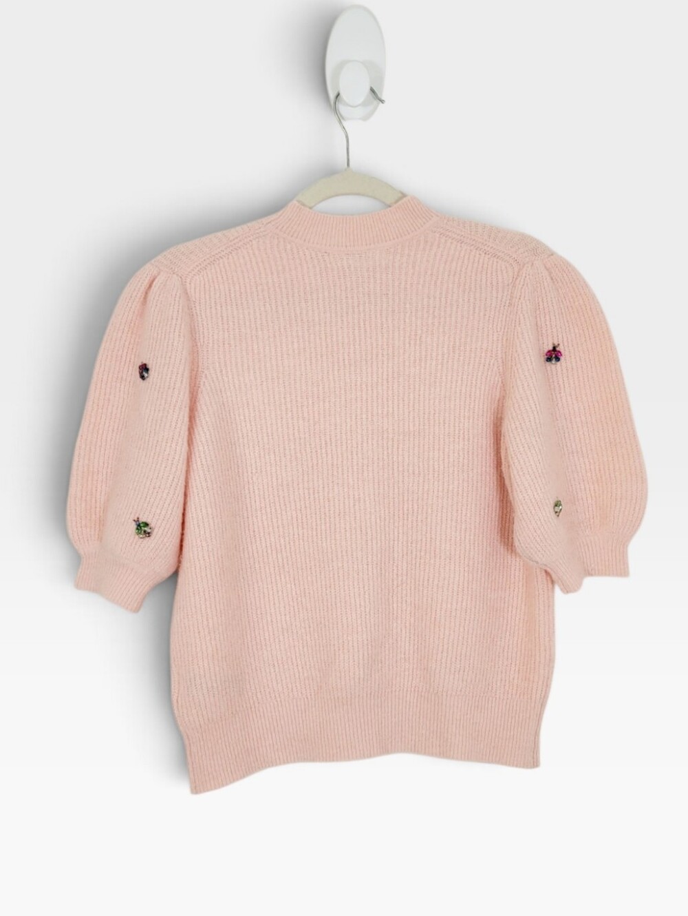 BODEN Insect Jeweled Embellished Pale Pink Short Puff Sleeve Sweater Small - Picture 9 of 10
